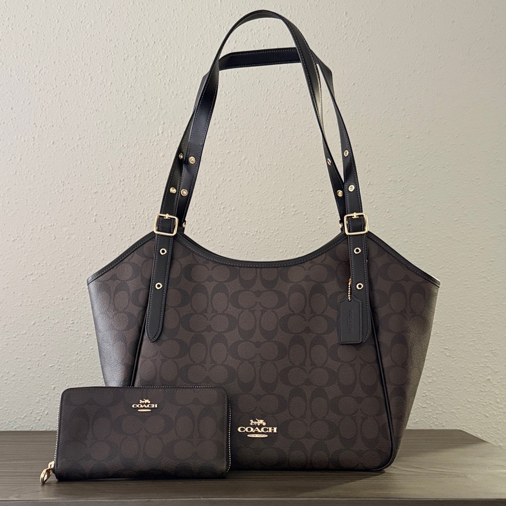 Coach Brown and Black Signature Shoulder Bag with Wallet